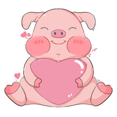 Cute Chubby Pig Holding a Heart