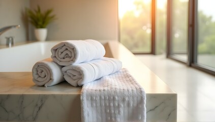 Luxurious white towels neatly stacked on a marble surface, bathed in warm sunlight from a nearby window. Pure relaxation.
