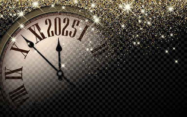 Elegant close-up of a clock showing 2025, surrounded by golden glitter and sparkling stars. A festive and timeless design for New Year's celebrations.