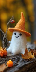 Cheerful Hand-Made Halloween Ghost Toy Decoration with Cute Smiling Character in a Hat