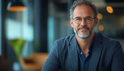 Obraz premium Professional man with glasses smiling in modern office setting.