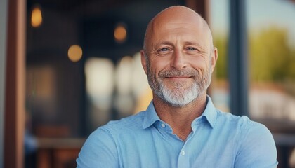 Obraz premium Smiling man with a beard, exuding confidence and warmth outdoors.