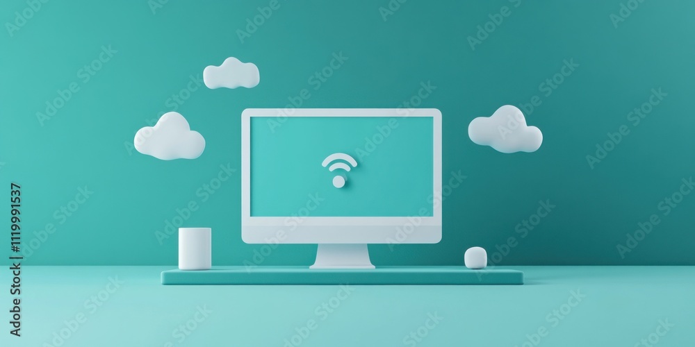 Fototapete A minimalist computer setup with a Wi-Fi symbol and decorative clouds.