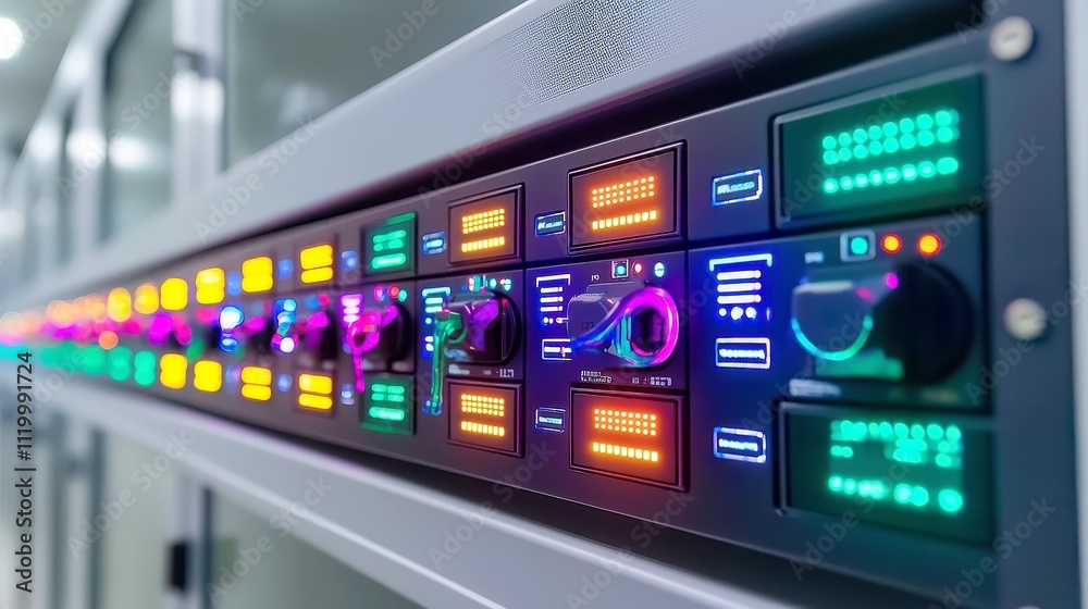 Poster rackmount led console in a modern server room, designed for efficient monitoring and management of d