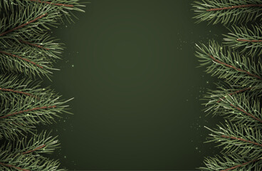 Vector illustration of a festive green background bordered with realistic pine branches and subtle sparkling lights, perfect for holiday themes.