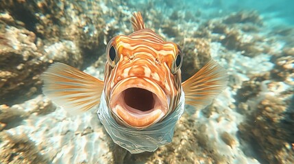 A close-up underwater image of a fish with an open mouth, showcasing marine life.