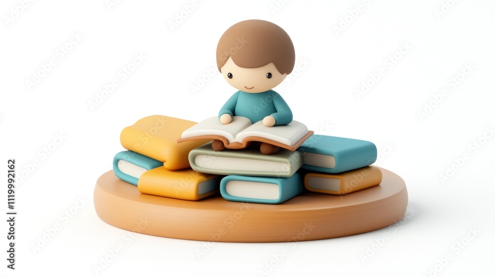 Poster A cartoonish child reading a book while sitting on a stack of colorful books.