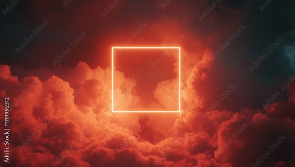 Poster a glowing square frame amidst vibrant, swirling clouds, creating a surreal atmosphere.