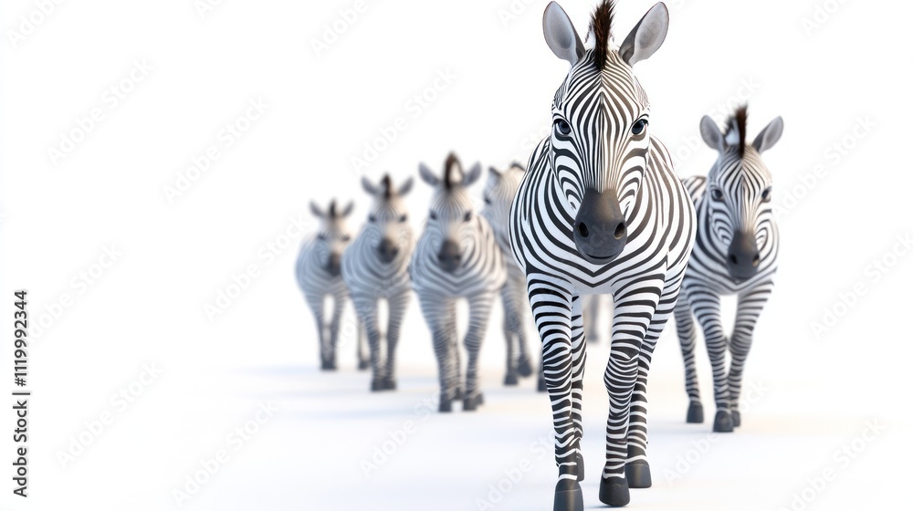 Poster a group of zebras walking towards the viewer on a white background.