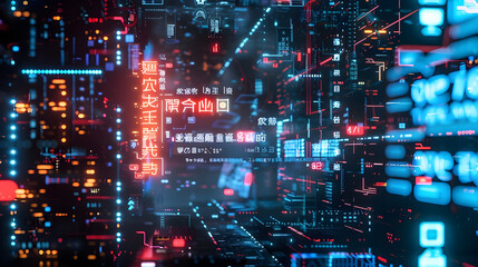 Abstract digital data stream, futuristic cyberpunk city glowing with vibrant neon lights and complex network connections.