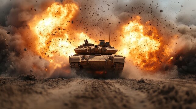 A powerful military tank charges through a massive explosion, conveying the intensity and chaos of warfare and the resilience necessary to navigate destruction.