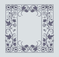Ornamental frame with BOTANICAL ELEMENTS and SYMMETRICAL PATTERN. Floral vines, leaves, and decorative shapes create elegant BORDER DESIGN for cards, invitations, or posters. Flat, vector, illustratio