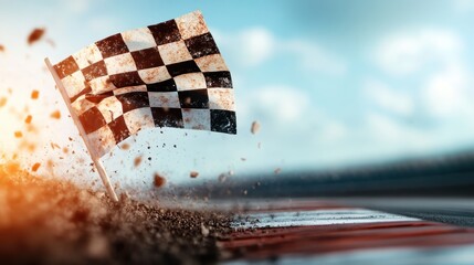 A dramatic scene of a checkered flag hitting the ground near a race track, with the sunlight casting a warm glow and dust particles in a dynamic splash.