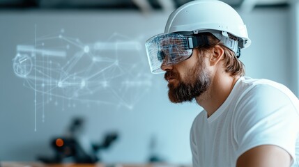 A bearded engineer wearing a VR headset focuses on a digital design project, merging advanced technology with creativity in a modern workspace setup.