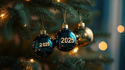 Christmas tree with four balls hanging on it with the inscription 2025. Abstract background of Christmas attributes with the next year number.