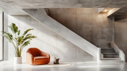 Minimalist, loft interior design of modern living room. Boucle velvet terra cotta accent armchair against staircase. Room with concrete ceiling