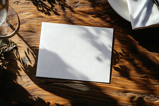 Blank White Card Mockup on Rustic Wooden Table with Sunlight Shadows and  Elegant Table Setting