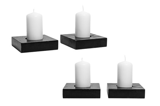 Two White Candles on Black Wooden Stand Minimalist Decor
