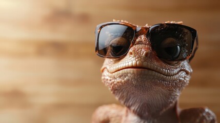Obraz premium A portrait of a stylish lizard donning large sunglasses, highlighting its composed expression, merging wildlife and fashion in a captivating manner.