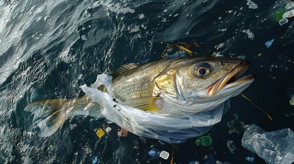 A fish caught in plastic waste, highlighting ocean pollution and its impact on marine life.