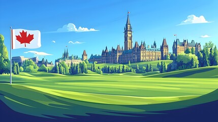 Obraz premium A Canadian flag is flying in the background of a picture of a golf course