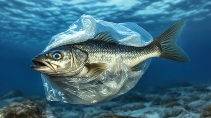 Fototapeta premium A fish entangled in a plastic bag underwater, highlighting pollution's impact on marine life.