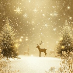 Christmas background. Christmas tree and reindeer, snowflakes winter Xmas background in gold color. Happy New Year. Vector illustration