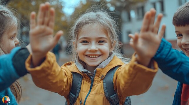 Groups of happy children exchange high fives, their faces glowing with excitement and joy. The backdrop features colorful autumn leaves, enhancing the cheerful atmosphere of friendship and play