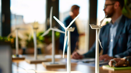 Businessman explaining wind turbine models to colleagues in the office.