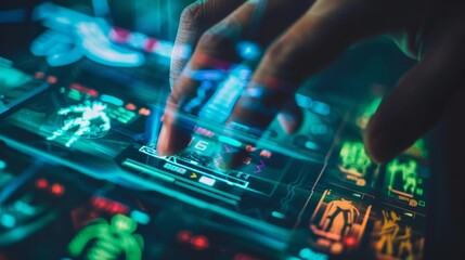 Hand hovering over video game character selection screen with vibrant icons of different characters below, emphasizing the decision-making process in gaming.