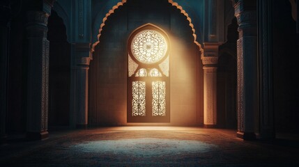 Moon light shine through the window into islamic mosque interior. Ramadan Kareem islamic background