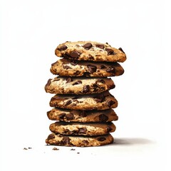 Stack of Golden Brown Chocolate Chip Cookies Isolated on White Background Showcasing Fresh and Tempting Homemade Treats