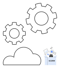Two interlocking gears above a cloud with a box containing various digital icons labeled SCORM. Ideal for technology, cloud computing, digital learning, software integration, IT infrastructure