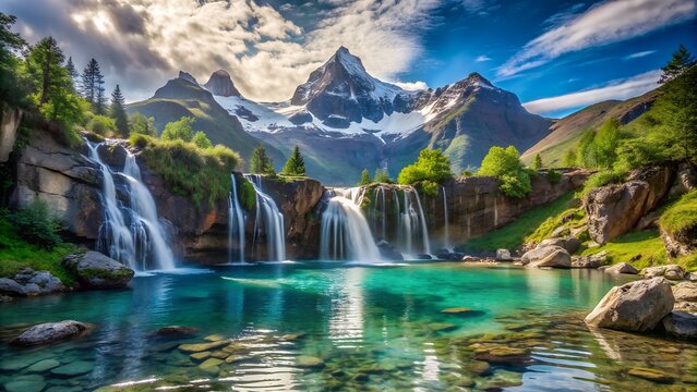 Majestic mountain waterfall in a lush green valley with snow-capped peaks and crystal clear blue water pool - Powered by Adobe