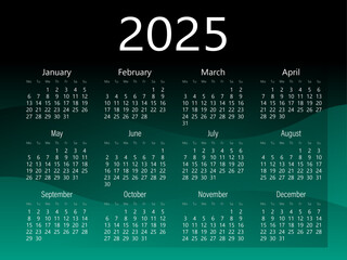 cool modern design of the new 2025 calendar in green and black colors