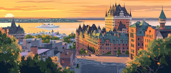 Fototapeta premium A painting of a city with a large building and a boat in the water