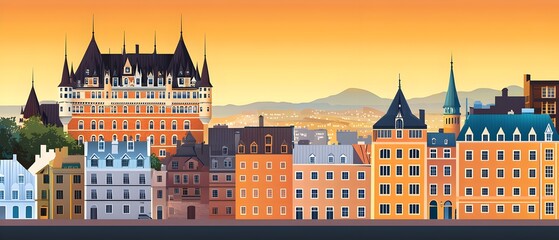 Fototapeta premium A painting of a city with a large building and a boat in the water