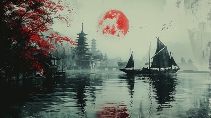 Serene Asian harbor scene at dawn, with a large red sun, traditional architecture, and a sailing vessel on calm water.
