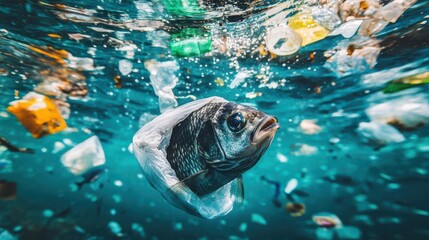 A fish trapped in plastic waste, highlighting ocean pollution and environmental issues.