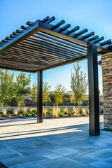 A modern pergola providing shade at the entrance of a newly built residential structure.