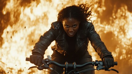Obraz premium A determined motorcyclist confronts a raging fiery backdrop with boldness, donning leather gear and gripping the bike handles with intense focus and resilience.