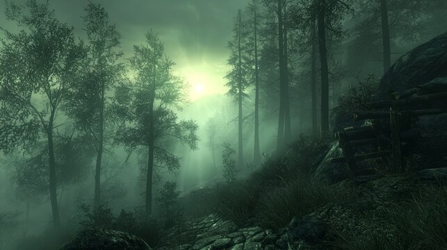 Dense fog rolling over a serene forest, shrouding the treetops in mystery, with a faint glow of light breaking through the haze.