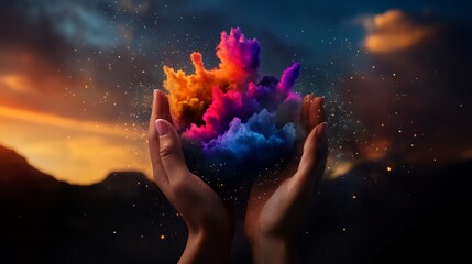 Obraz premium Sunset Embrace: Hands Holding a Vibrant Explosion of Color