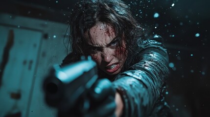 A determined warrior with bloodstained face and wild hair aims a gun intensely in a dramatic, action-packed scene, capturing the essence of battle and resilience.