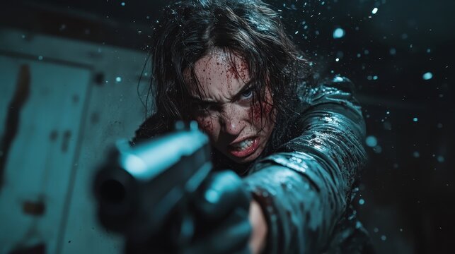 A determined warrior with bloodstained face and wild hair aims a gun intensely in a dramatic, action-packed scene, capturing the essence of battle and resilience.