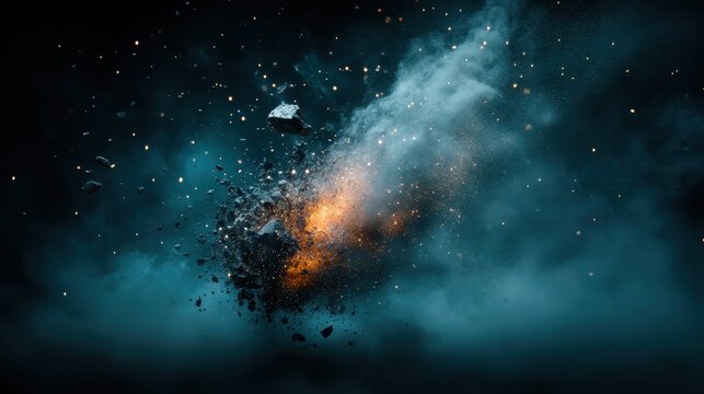 A breathtaking scene of cosmic destruction unfolds with chunks of debris dispersing in vibrant clouds, captured in surreal, otherworldly artistic style.