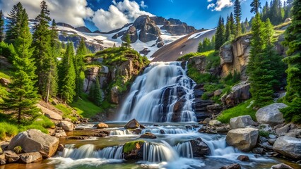 Breathtaking mountain waterfall in a lush green forest with snow-capped peaks and a crystal-clear river flowing over smooth rocks