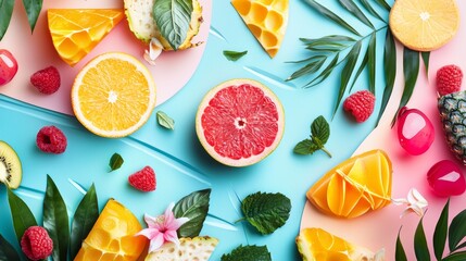 Colorful tropical fruits arranged on a pastel background