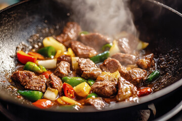 A sizzling griddle filled with delicious roast beef, vegetables and spices. The process of cooking meat.