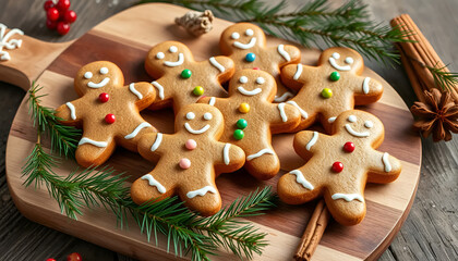 Obraz premium Festively decorated gingerbread cookies shaped like men on wooden board with pine branches